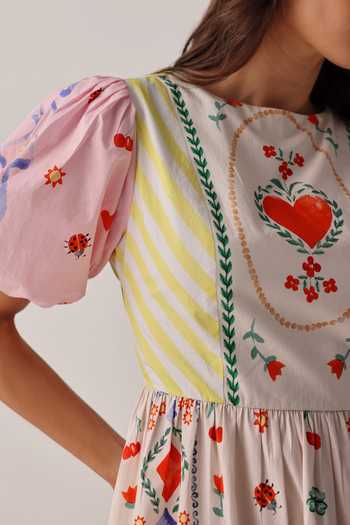 Buy_NOIB_Ivory Poplin Round Neck Lyla Printed Cut Out Dress _Online_at_Aza_Fashions