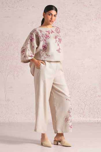 Buy_Kaveri_White Linen Embroidery Boat Neck Bloomscape Sasha Top And Pant Set _Online_at_Aza_Fashions