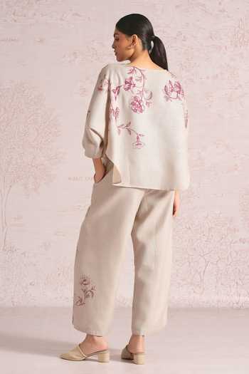 Kaveri_White Linen Embroidery Boat Neck Bloomscape Sasha Top And Pant Set _Online_at_Aza_Fashions