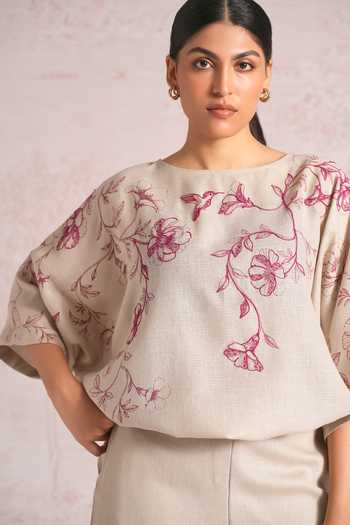 Shop_Kaveri_White Linen Embroidery Boat Neck Bloomscape Sasha Top And Pant Set _Online_at_Aza_Fashions