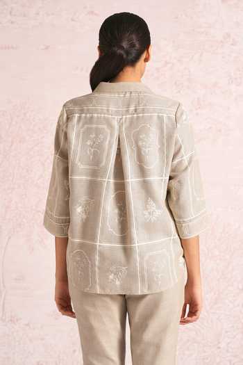Shop_Kaveri_Beige Linen Embroidery, Lace Collared Garden Gallery Ava Shirt And Pant Set _at_Aza_Fashions
