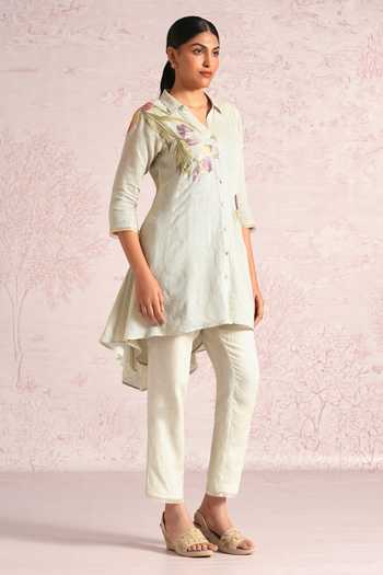 Kaveri_Green Linen Embroidery, Applique V-neck Painted Petals Ice Cream Cone Kurta _Online_at_Aza_Fashions