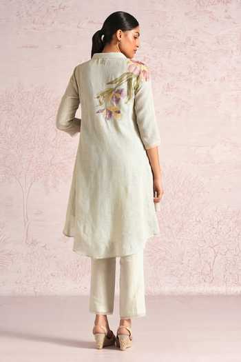 Shop_Kaveri_Green Linen Embroidery, Applique V-neck Painted Petals Ice Cream Cone Kurta _at_Aza_Fashions