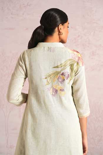 Buy_Kaveri_Green Linen Embroidery, Applique V-neck Painted Petals Ice Cream Cone Kurta _Online_at_Aza_Fashions
