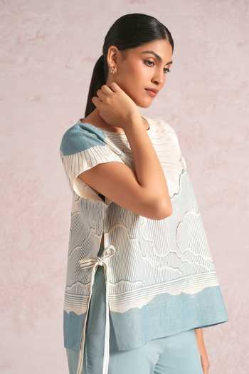 Buy_Kaveri_Blue Linen Foil Printing Boat Neck Silver Zoya Top _at_Aza_Fashions