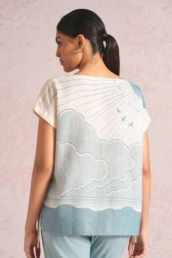 Shop_Kaveri_Blue Linen Foil Printing Boat Neck Silver Zoya Top _at_Aza_Fashions