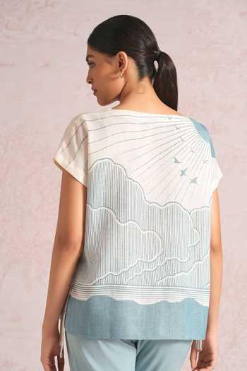 Kaveri_Blue Linen Foil Printing Round Neck Silver Zoya Top And Pant Set _Online_at_Aza_Fashions