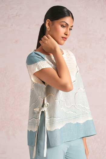 Buy_Kaveri_Blue Linen Foil Printing Round Neck Silver Zoya Top And Pant Set _Online_at_Aza_Fashions