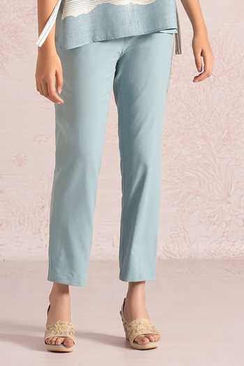 Kaveri_Blue Linen Foil Printing Round Neck Silver Zoya Top And Pant Set _at_Aza_Fashions