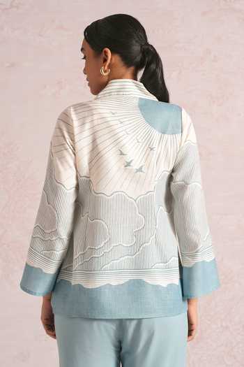 Shop_Kaveri_Blue Linen Foil Printing Shawl Neck Silver Lylah Jacket And Pant Set _at_Aza_Fashions