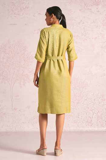 Shop_Kaveri_Green Linen Sequins, Pearls Button-down Neck Shimmer Strings Kyra Dress _at_Aza_Fashions