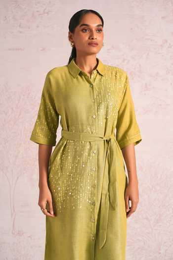 Kaveri_Green Linen Sequins, Pearls Button-down Neck Shimmer Strings Kyra Dress _Online_at_Aza_Fashions