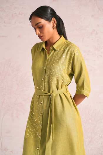Buy_Kaveri_Green Linen Sequins, Pearls Button-down Neck Shimmer Strings Kyra Dress _Online_at_Aza_Fashions