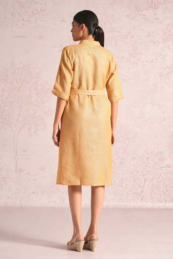 Shop_Kaveri_Yellow Linen Sequins, Pearls, Foil Shimmer Strings Kyra Embroidered Dress _at_Aza_Fashions