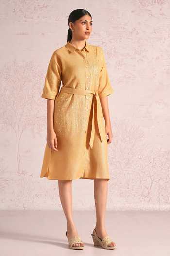 Kaveri_Yellow Linen Sequins, Pearls, Foil Shimmer Strings Kyra Embroidered Dress _Online_at_Aza_Fashions