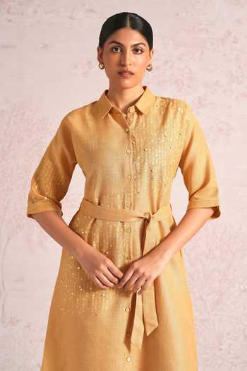 Buy_Kaveri_Yellow Linen Sequins, Pearls, Foil Shimmer Strings Kyra Embroidered Dress _Online_at_Aza_Fashions
