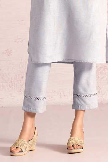 Kaveri_Grey Linen Embroidery, Tassels, Lace Summer Threads Cara Kurta And Pant Set _Online_at_Aza_Fashions