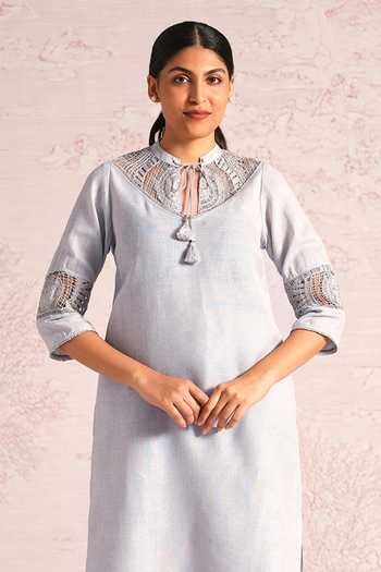 Buy_Kaveri_Grey Linen Embroidery, Tassels, Lace Summer Threads Cara Kurta And Pant Set _Online_at_Aza_Fashions