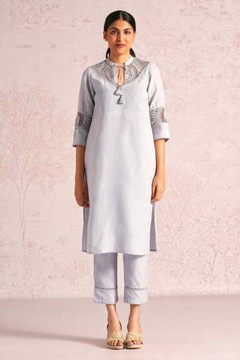 Shop_Kaveri_Grey Linen Embroidery, Tassels, Lace Summer Threads Cara Kurta And Pant Set _Online_at_Aza_Fashions