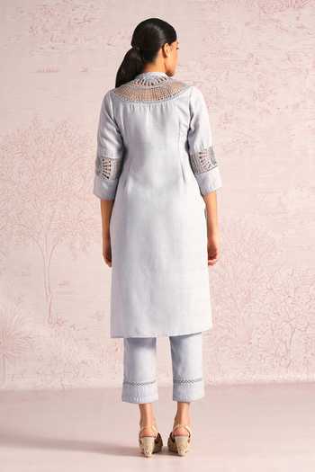 Shop_Kaveri_Grey Linen Embroidery, Tassels, Lace Summer Threads Cara Kurta And Pant Set _at_Aza_Fashions