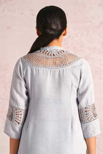 Kaveri_Grey Linen Embroidery, Tassels, Lace Summer Threads Cara Kurta And Pant Set _at_Aza_Fashions
