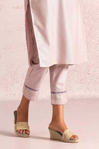 Kaveri_Pink Linen Embroidery, Tassels, Lace Mandarin Summer Threads Cara Kurta Set _Online_at_Aza_Fashions