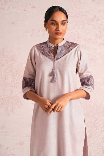 Buy_Kaveri_Pink Linen Embroidery, Tassels, Lace Mandarin Summer Threads Cara Kurta Set _Online_at_Aza_Fashions