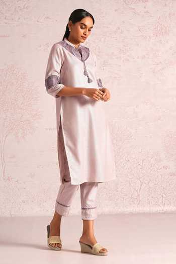 Shop_Kaveri_Pink Linen Embroidery, Tassels, Lace Mandarin Summer Threads Cara Kurta Set _Online_at_Aza_Fashions