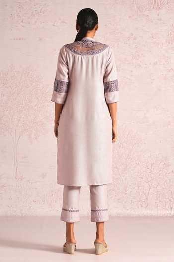 Shop_Kaveri_Pink Linen Embroidery, Tassels, Lace Mandarin Summer Threads Cara Kurta Set _at_Aza_Fashions