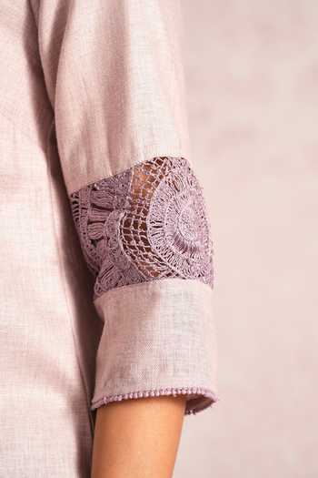 Kaveri_Pink Linen Embroidery, Tassels, Lace Mandarin Summer Threads Cara Kurta Set _at_Aza_Fashions