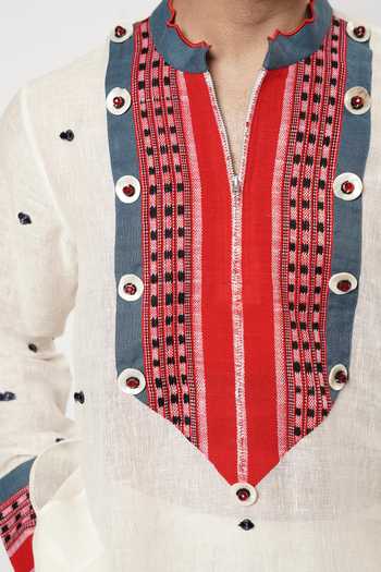 Shwetanga_Ivory Cotton, Linen Beads Scalloped Naga Bindi Yoke Embellished Kurta Set _at_Aza_Fashions