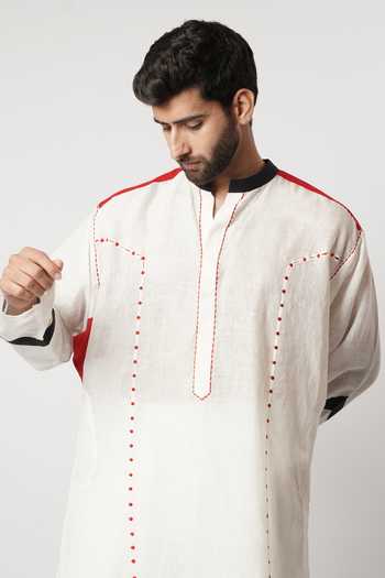 Shwetanga_Ivory Silk, Linen Embroidery Ruby Bindi Panelled Gusset Kurta Set _Online_at_Aza_Fashions
