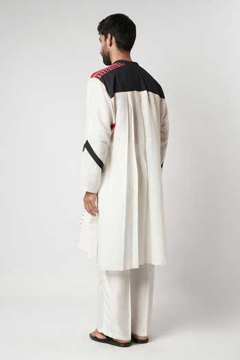 Shop_Shwetanga_Ivory Silk, Linen Embroidery Ruby Bindi Panelled Gusset Kurta Set _at_Aza_Fashions