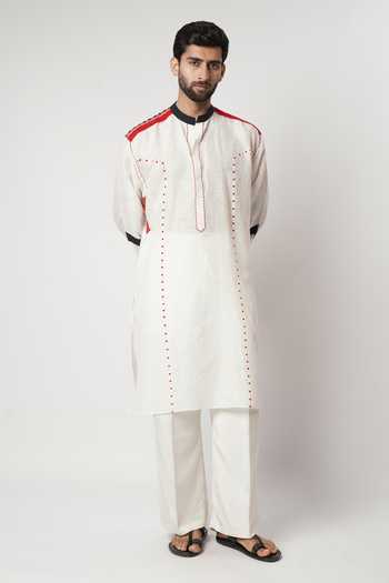Buy_Shwetanga_Ivory Silk, Linen Embroidery Ruby Bindi Panelled Gusset Kurta Set _Online_at_Aza_Fashions