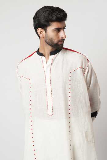 Shop_Shwetanga_Ivory Silk, Linen Embroidery Ruby Bindi Panelled Gusset Kurta Set _Online_at_Aza_Fashions