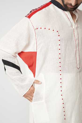 Shwetanga_Ivory Silk, Linen Embroidery Ruby Bindi Panelled Gusset Kurta Set _at_Aza_Fashions