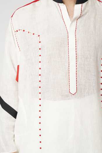 Buy_Shwetanga_Ivory Silk, Linen Embroidery Ruby Bindi Panelled Gusset Kurta Set 