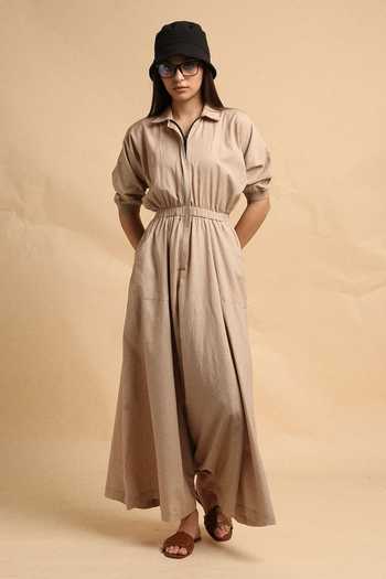 MATI_Beige Sand Collar Sphara Cotton Jumpsuit _Online_at_Aza_Fashions