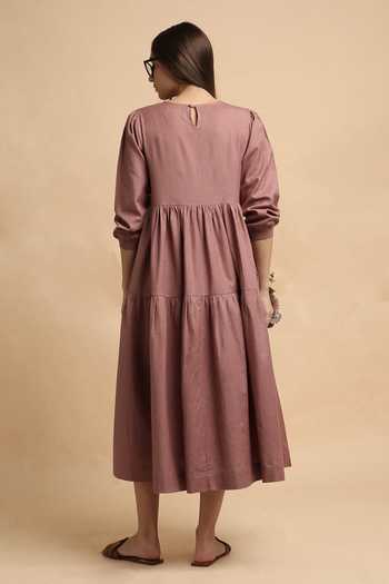 Shop_MATI_Blush Cotton Round Neck Rib Vasara Dress _at_Aza_Fashions