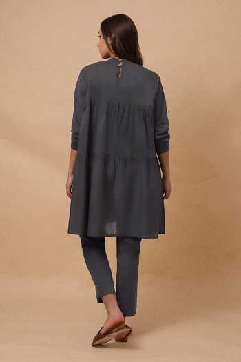 Shop_MATI_Grey Cotton Mul Rib Vena Tunic And Pant Co-ord Set _at_Aza_Fashions
