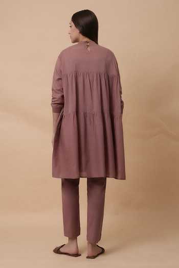 Shop_MATI_Pink Cotton Crew Neck Blush Mul Rib Vena Tunic And Pant Co-ord Set _at_Aza_Fashions