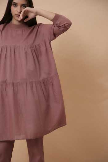 MATI_Pink Cotton Crew Neck Blush Mul Rib Vena Tunic And Pant Co-ord Set _at_Aza_Fashions