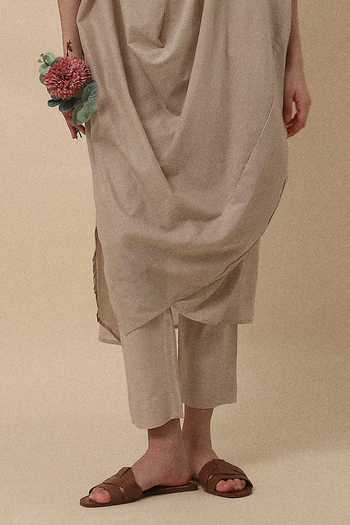 MATI_Beige Cotton Sand Rib Mul Cowl Tunic And Pant Co-ord Set _Online_at_Aza_Fashions