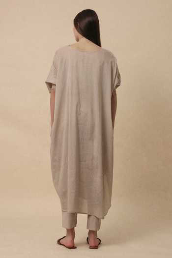 Shop_MATI_Beige Cotton Sand Rib Mul Cowl Tunic And Pant Co-ord Set _at_Aza_Fashions