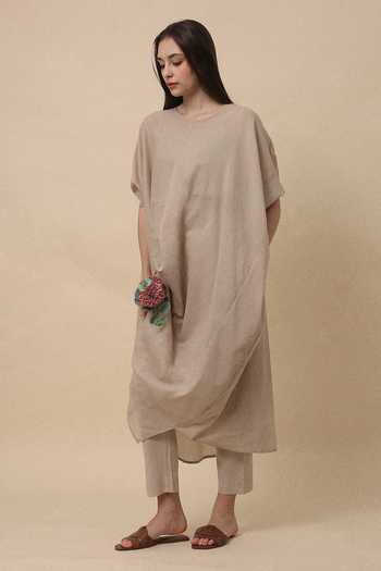Buy_MATI_Beige Cotton Sand Rib Mul Cowl Tunic And Pant Co-ord Set _Online_at_Aza_Fashions