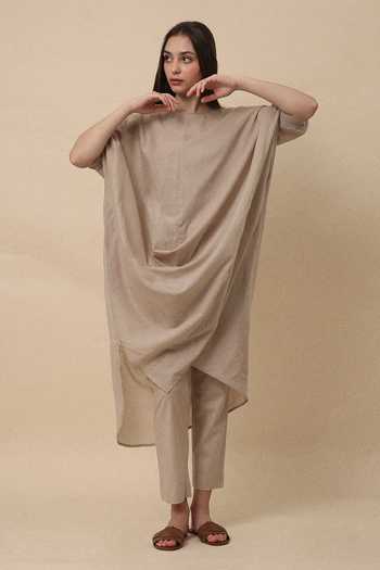 Shop_MATI_Beige Cotton Sand Rib Mul Cowl Tunic And Pant Co-ord Set _Online_at_Aza_Fashions