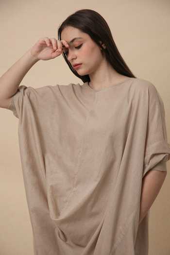 MATI_Beige Cotton Sand Rib Mul Cowl Tunic And Pant Co-ord Set _at_Aza_Fashions