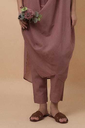 MATI_Pink Cotton Crew Neck Blush Rib Mul Cowl Tunic And Pant Co-ord Set _Online_at_Aza_Fashions