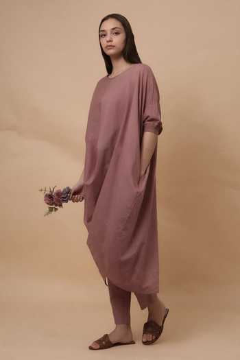 Buy_MATI_Pink Cotton Crew Neck Blush Rib Mul Cowl Tunic And Pant Co-ord Set _Online_at_Aza_Fashions