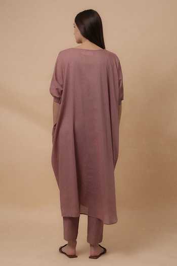 Shop_MATI_Pink Cotton Crew Neck Blush Rib Mul Cowl Tunic And Pant Co-ord Set _at_Aza_Fashions